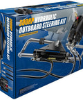 Box of Plug And Play 300HP Hydraulic Outboard Steering Kit For Boats with visible components illustration.