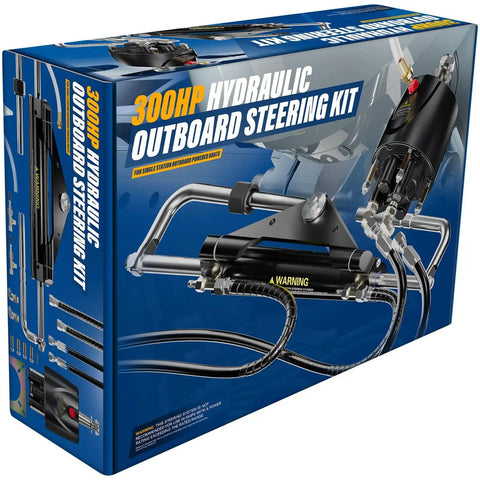 Box of Plug And Play 300HP Hydraulic Outboard Steering Kit For Boats with visible components illustration.