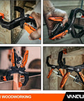 Beefy 4 Pack Quick Release Ratcheting Wood Clamps in use for woodworking, showing ergonomic orange and black handles, 55 lbs force.