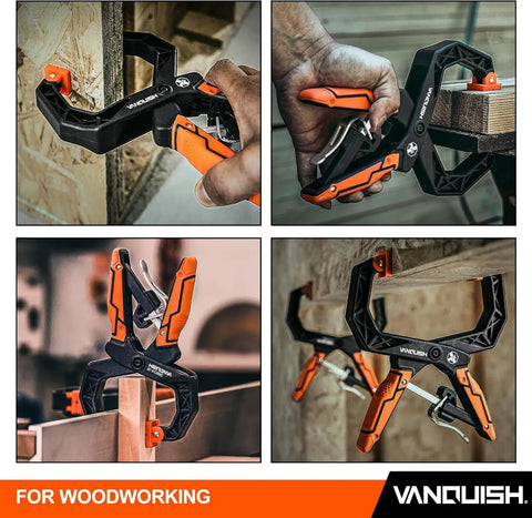 Beefy 4 Pack Quick Release Ratcheting Wood Clamps in use for woodworking, showing ergonomic orange and black handles, 55 lbs force.