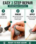 Easy 3 step guide showing Premium Grade No Sweat Epoxy Putty Stick for patching fiberglass surfboard dings.