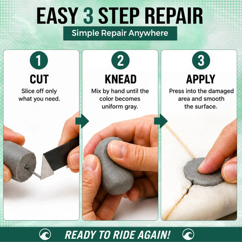 Easy 3 step guide showing Premium Grade No Sweat Epoxy Putty Stick for patching fiberglass surfboard dings.
