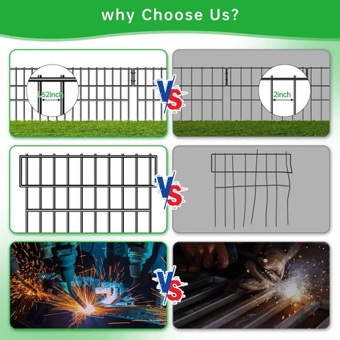 Comparison of Dog Proof No Dig Fence For Yard And Garden with 1.52 inch gap, 28 panels, rustproof metal vs alternative fences.
