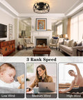 20 Inch Cage Ceiling Fan With Lights And Remote in living room showing modern decor; 3-speed settings for different wind preferences