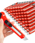 30 Pack Retractable Box Cutter Utility Knife With 18mm Snap Off Blades Economical Disposable Blades Comfortable Grip Ready To Cut In Home Office Garage Perfect For Cardboard Packing DIY Projects, red