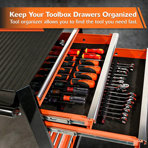 Open toolbox drawer featuring Aluminum Magnetic Screwdriver Organizer For A Snappy Toolbox Setup Holds Up To 16 Screwdrivers And Small Tools Red Finish Heavy Duty Magnetic Tool Holder For Wrenches Bits And Extensions.
