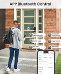 Keyless Entry Door Lock With App Control, Fingerprint Sensor And Electronic Keypad Deadbolt on a front door, user nearby
