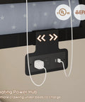 Floating Power Hub for Rock Solid Low Twin Over Twin Bunk Bed With Game Changing Built In Storage Stairs featuring outlets and USB ports.
