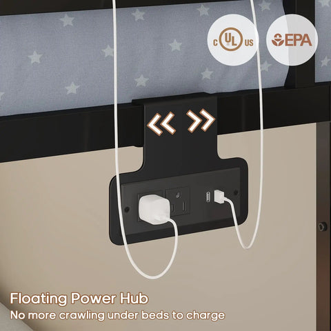 Floating Power Hub for Rock Solid Low Twin Over Twin Bunk Bed With Game Changing Built In Storage Stairs featuring outlets and USB ports.