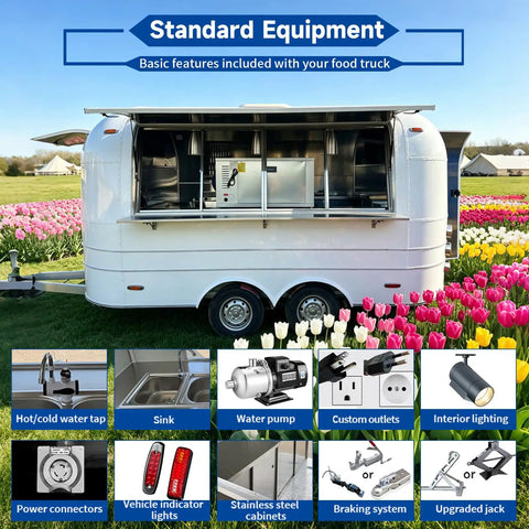 13 Foot White Mobile Catering Trailer Turnkey Commercial Food Truck With Fully Equipped Kitchen Setup Dot Approved showcasing standard equipment features.