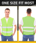 Front and back view of 30 Pack Reflective Hi Viz Safety Vests For Men And Women, Mesh Adjustable Work Vests With Neon Green Strips, One Size Fits Most.