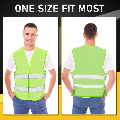 Front and back view of 30 Pack Reflective Hi Viz Safety Vests For Men And Women, Mesh Adjustable Work Vests With Neon Green Strips, One Size Fits Most.