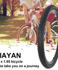 Side view of 24x1.95 folding mountain bike tire with textured tread, featuring riders cycling on a path.