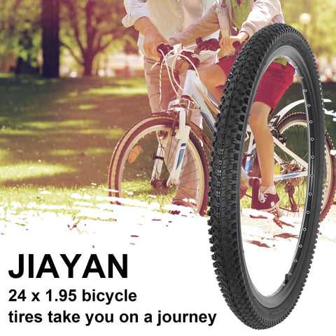 Side view of 24x1.95 folding mountain bike tire with textured tread, featuring riders cycling on a path.
