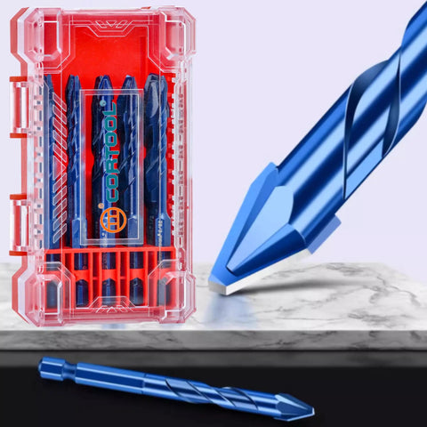 Do It All 10 Piece Eccentric Masonry Drill Bit Set For Tile Brick Concrete Wood Glass Plastic And Soft Metal With Crooked Head Bits In 5/32 3/16 1/4 x5 5/16 3/8 1/2 Inches From CORTOOL, shown in case with close-up of bit.