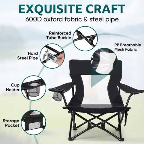 Two Pack Foldable Beach Chairs Set For Outdoors with cup holders, steel frame, and 600D Oxford fabric, low-profile design details