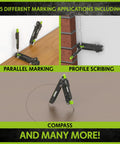 Heavy Duty Woodworking Scribe Tool Set With Deep Hole Marking Pen And Replacement Leads showing marking applications like parallel marking and scribing.