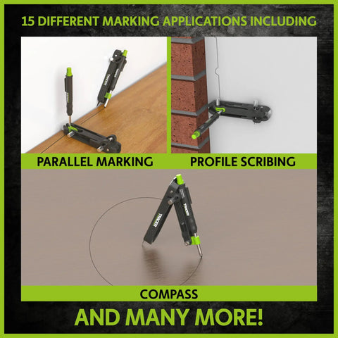 Heavy Duty Woodworking Scribe Tool Set With Deep Hole Marking Pen And Replacement Leads showing marking applications like parallel marking and scribing.