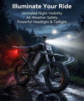 Beast Mode 3000W Electric Dirt Bike For Adults with 20 Inch All Terrain Fat Tires showcasing powerful headlights at night.