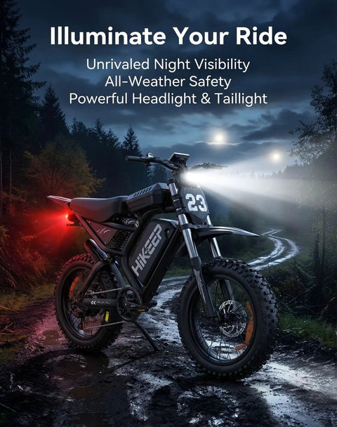 Beast Mode 3000W Electric Dirt Bike For Adults with 20 Inch All Terrain Fat Tires showcasing powerful headlights at night.