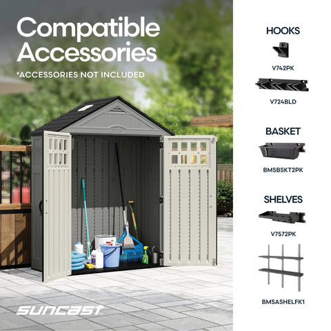 Everett 6x3 Ft Vertical Storage Shed With Lockable Double Doors Windows And Skylight Weatherproof Resin Outdoor Garden Shed open with tools inside and accessory options.