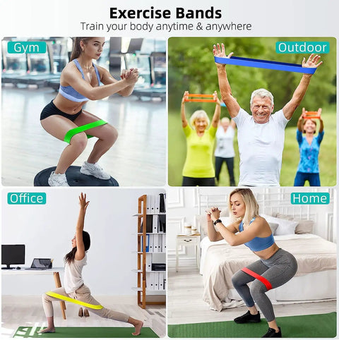 5 Pack Resistance Bands Set For Home Gym Workouts in use for stretching, strength training, Pilates, yoga, and physical therapy.