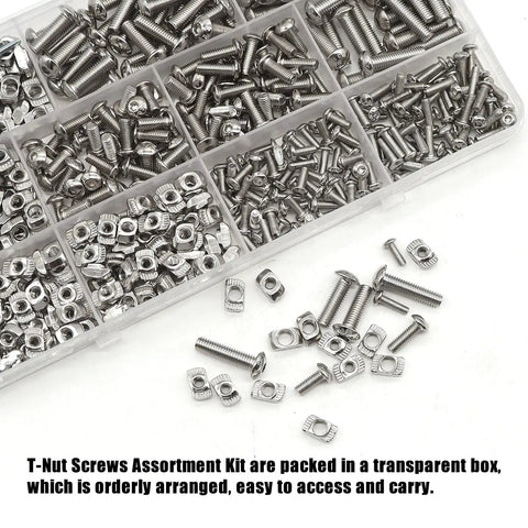 260 Piece T Nuts And Screws Kit For M-LOK And 2020 Aluminum Profiles in transparent storage box, including assorted hex nuts and screws.