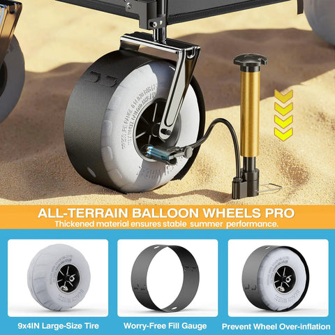 Close-up of a Beach Wagon With Balloon Wheels For Sand, featuring a 9 by 4 inch wheel and inflating pump on sand surface.