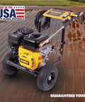 Powerful 3300 PSI Gas Pressure Washer With 2.4 GPM, 208cc Residential Engine, 5 Nozzles shown on wet wooden deck