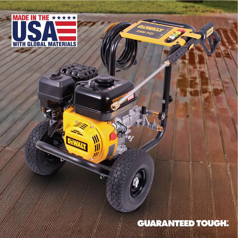 Powerful 3300 PSI Gas Pressure Washer With 2.4 GPM, 208cc Residential Engine, 5 Nozzles shown on wet wooden deck