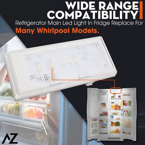 Plug And Play Refrigerator LED Light Replacement With Housing For Ceiling Right Side Easy Install Fits WRS322 And WRS325 Series Fridges Main LED Control Board Included, shown in product display with fridge interior.