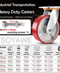Heavy Duty Eight Inch Polyurethane Caster Wheels With Locking Brakes detailed with mounting screws and specifications chart.