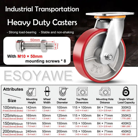 Heavy Duty Eight Inch Polyurethane Caster Wheels With Locking Brakes detailed with mounting screws and specifications chart.