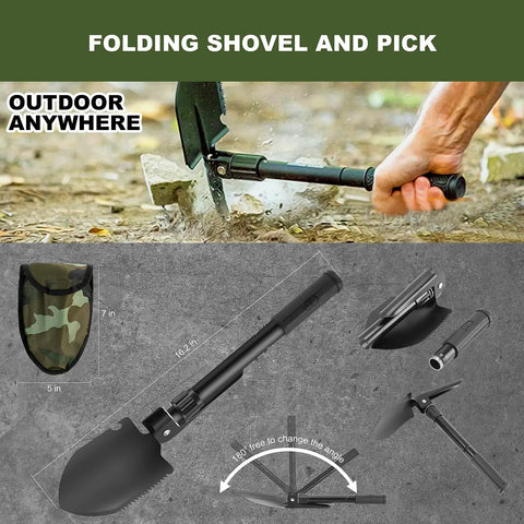 Ultimate 150 Piece First Aid And Survival Gear Kit with folding shovel, pick, and camo MOLLE pouch for outdoor use