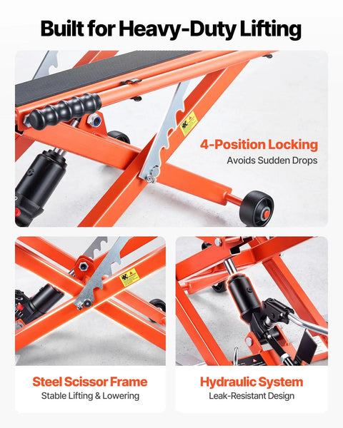 Hydraulic Motorcycle Lift Jack 1100 Lbs Capacity, Portable Scissor Lift Stand With Six Wheels, Foot Operated Hoist For Dirt Bikes, Adjustable Height From 4.72 To 15.15 Inches, Easy Use And Maintenance