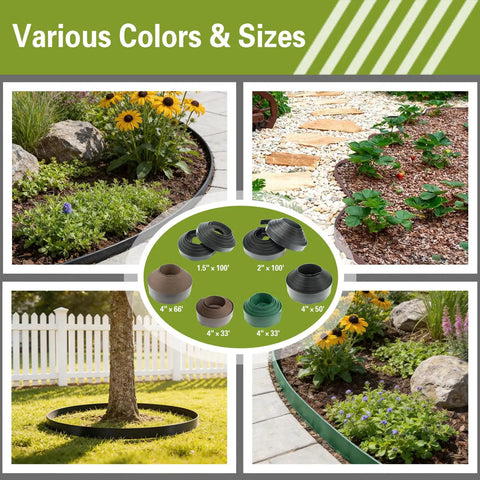 Various colors and sizes of no dig landscape edging kit for garden beds and pathways with No Dig Landscape Edging Kit focus.