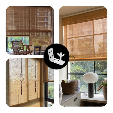Image featuring bamboo woven wood window shades with 2 Pack Silver L Shaped Brackets With Wing Nuts For Roman Shades No Fuss Installation.