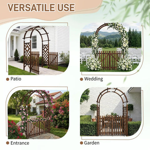 Heavy Duty Wooden Garden Arbor With Gate Trellis For Ceremony And Wedding Decor Garden Arch Pergola in various outdoor settings