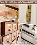 Image showing Heavy Duty Wood Drawer Wax And Premium Slide Lubricant That Gets Stubborn Cabinets Rolling Like Butter in use on drawers, hinges, antiques, and tracks.
