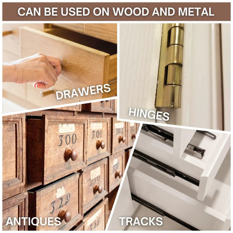 Image showing Heavy Duty Wood Drawer Wax And Premium Slide Lubricant That Gets Stubborn Cabinets Rolling Like Butter in use on drawers, hinges, antiques, and tracks.