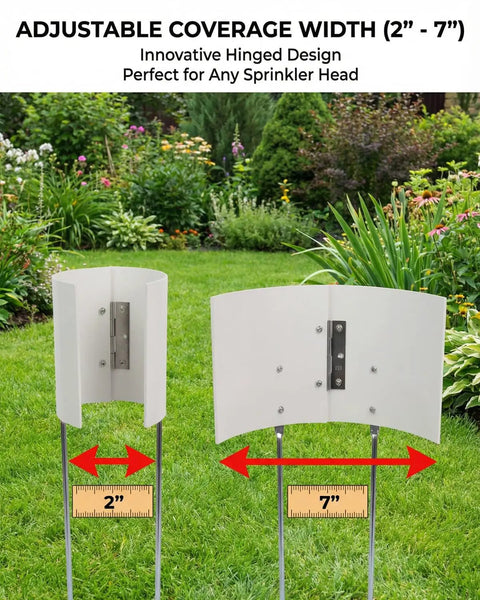 Solid Hinged Adjustable Sprinkler Guard showing adjustable coverage from 2" to 7", with a thick PVC shield for irrigation use.