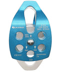 Front view of Heavy Duty Large Rescue Climbing Pulley With Swing Plate, Double Sheave Safety Pulley for Backyard Zipline and Rock Lifting.