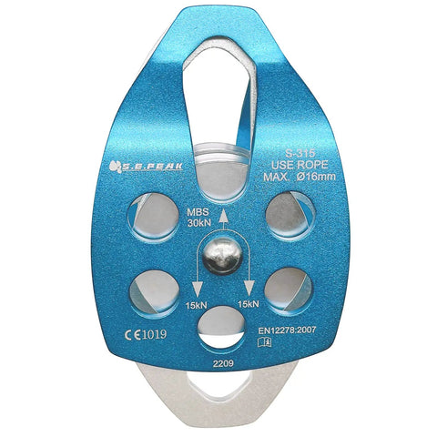 Front view of Heavy Duty Large Rescue Climbing Pulley With Swing Plate, Double Sheave Safety Pulley for Backyard Zipline and Rock Lifting.