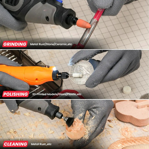 All In One 699 Piece Rotary Tool Accessories Kit with 1/8 Inch Shank Bits used for grinding, polishing, and cleaning in DIY projects.