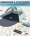 Mint Green Beach Tent With Anti UV Sun Shade Portable 3 Person Shelter with extendable floor and accessories on sand