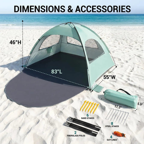 Mint Green Beach Tent With Anti UV Sun Shade Portable 3 Person Shelter with extendable floor and accessories on sand