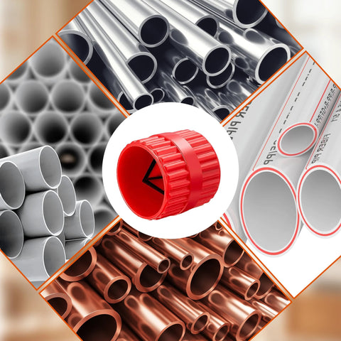 Front view of red adjustable pipe deburring tool cap; background collage of PVC, copper, and steel pipes