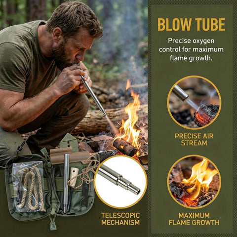 Man using telescoping blowpipe from Go To Fire Starter Kit for hiking and camping with magnesium rod ferro rod and steel striker.