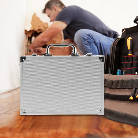 Heavy Duty Aluminum Alloy Tool Box With Badass Hard Shell Storage Case For Hand Tools And Instruments Portable Carry Handle on worksite.