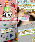 Collage showing Farm Animal Desk Name Plates for Kids in classroom decor and activity stations, 3.25 x 9.5 inches each.